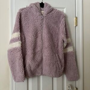 NWT SO Softest SHERPA Zippered Hoodie MED Light Purple with Stripes